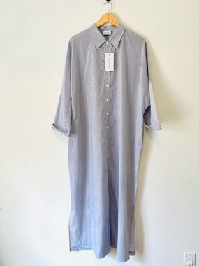 NWT Adrienne Regan Maxi Navy Pinstripe Shirt Dress Large